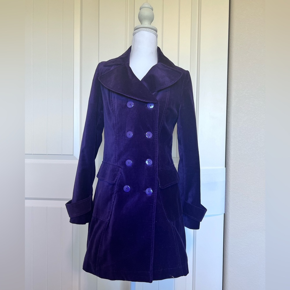 Velvet Cotton Purple Button Trench Pockets Sz Medium Unique - Picture 2 of 13